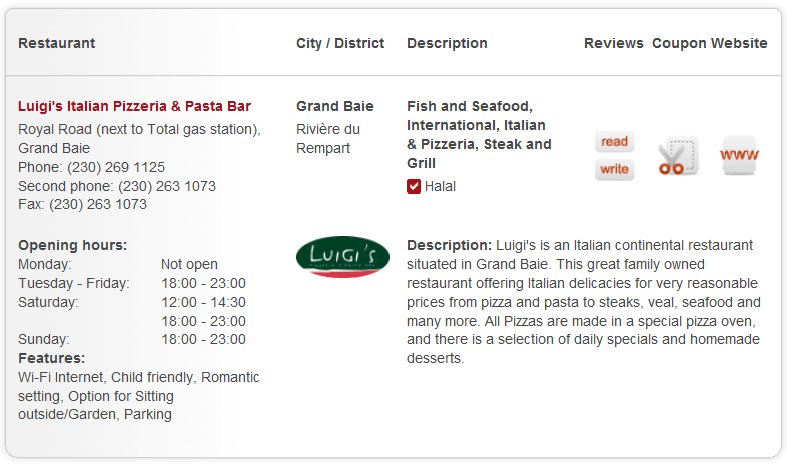 Mauritius restaurants premium listing