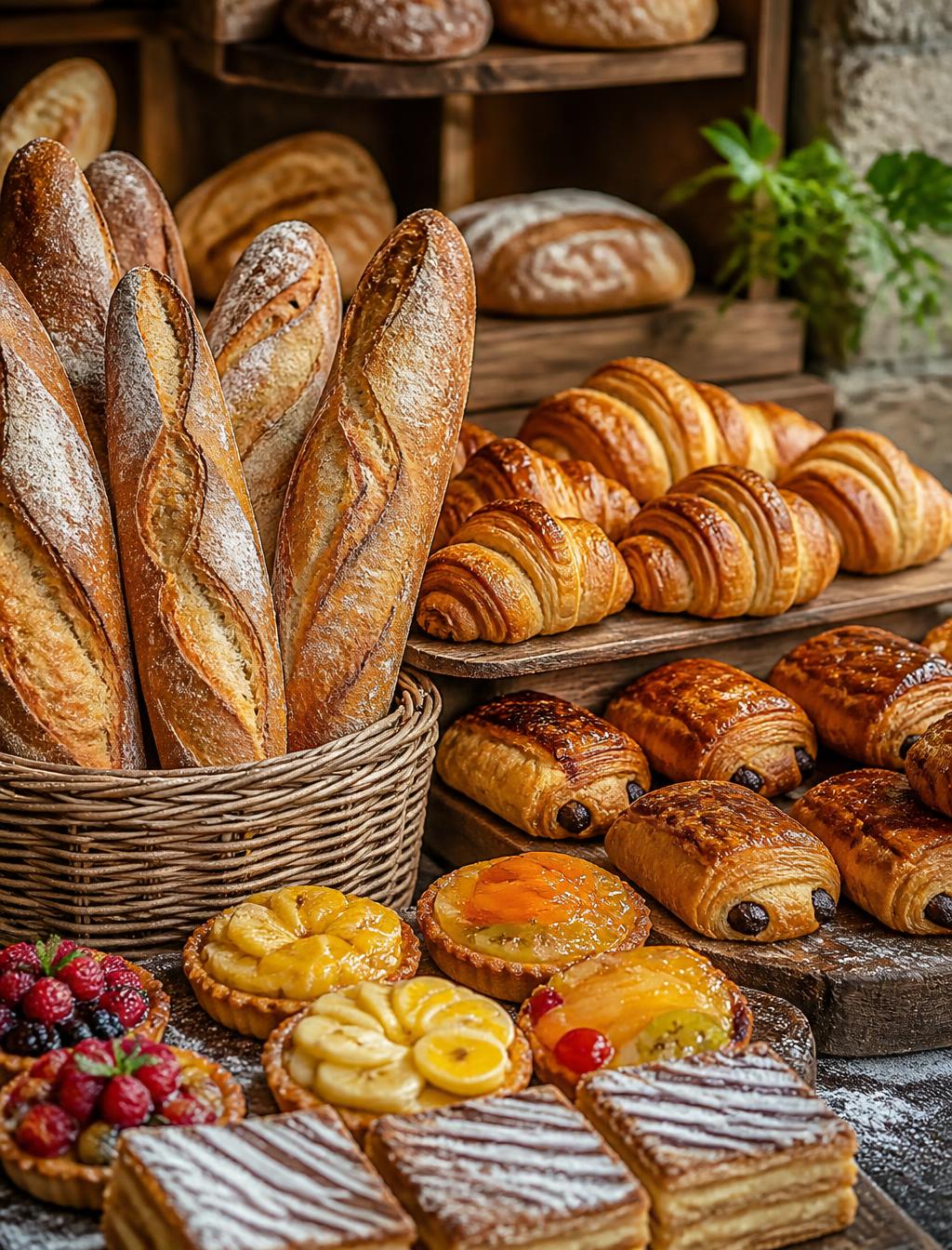 Bakery display of baguettes, croissants, pains au chocolat and fruit tarts on wooden shelves