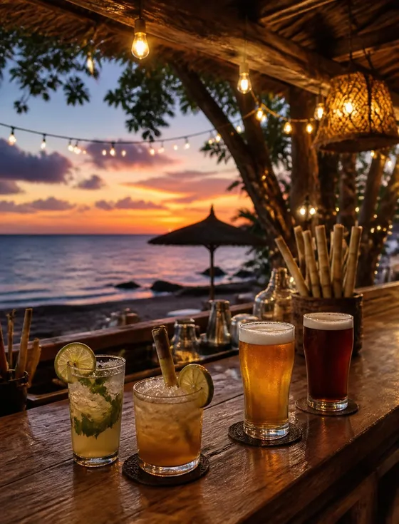 Beach bar counter at sunset with craft beers, rum cocktails and string lights over the ocean