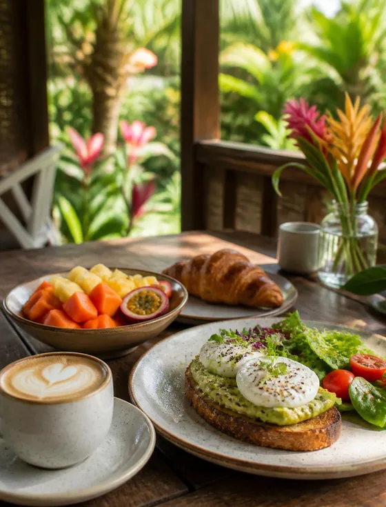 Brunch table on a tropical veranda with avocado toast, fruit bowl, croissant and flat white