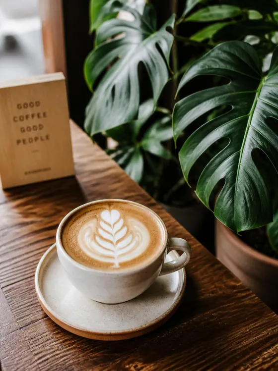 Latte with leaf art on a wooden cafe table beside a tropical plant