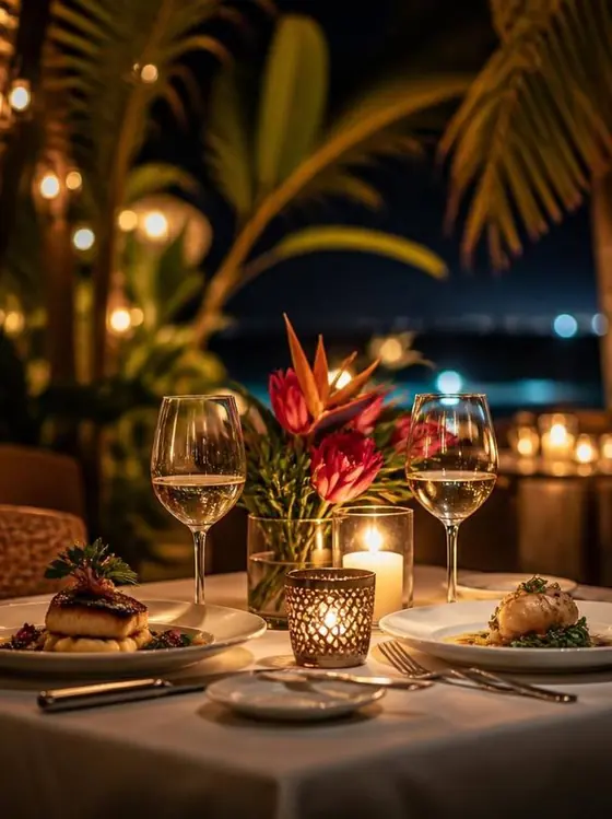 Candlelit dinner table with sea view in Mauritius