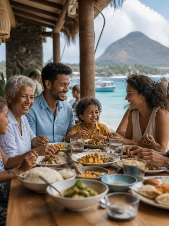 Family eating lunch together on a shaded restaurant terrace in Mauritius