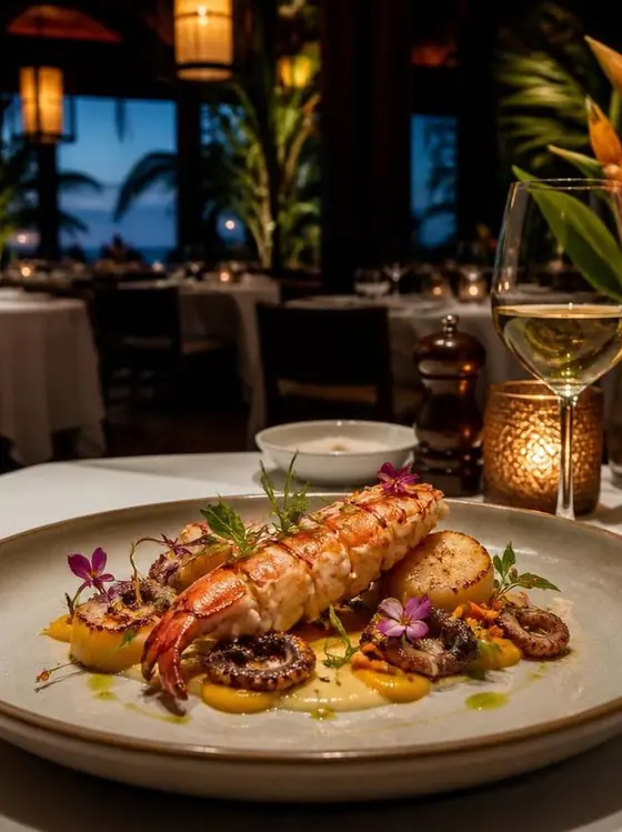 Plated fine dining dish with candlelight in a Mauritius restaurant