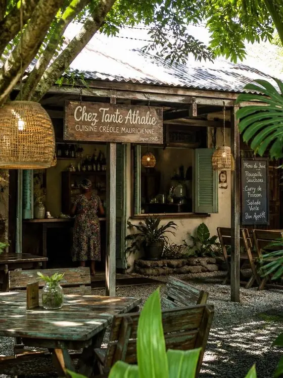Lantern-lit wooden terrace of a small Creole restaurant in the south of Mauritius