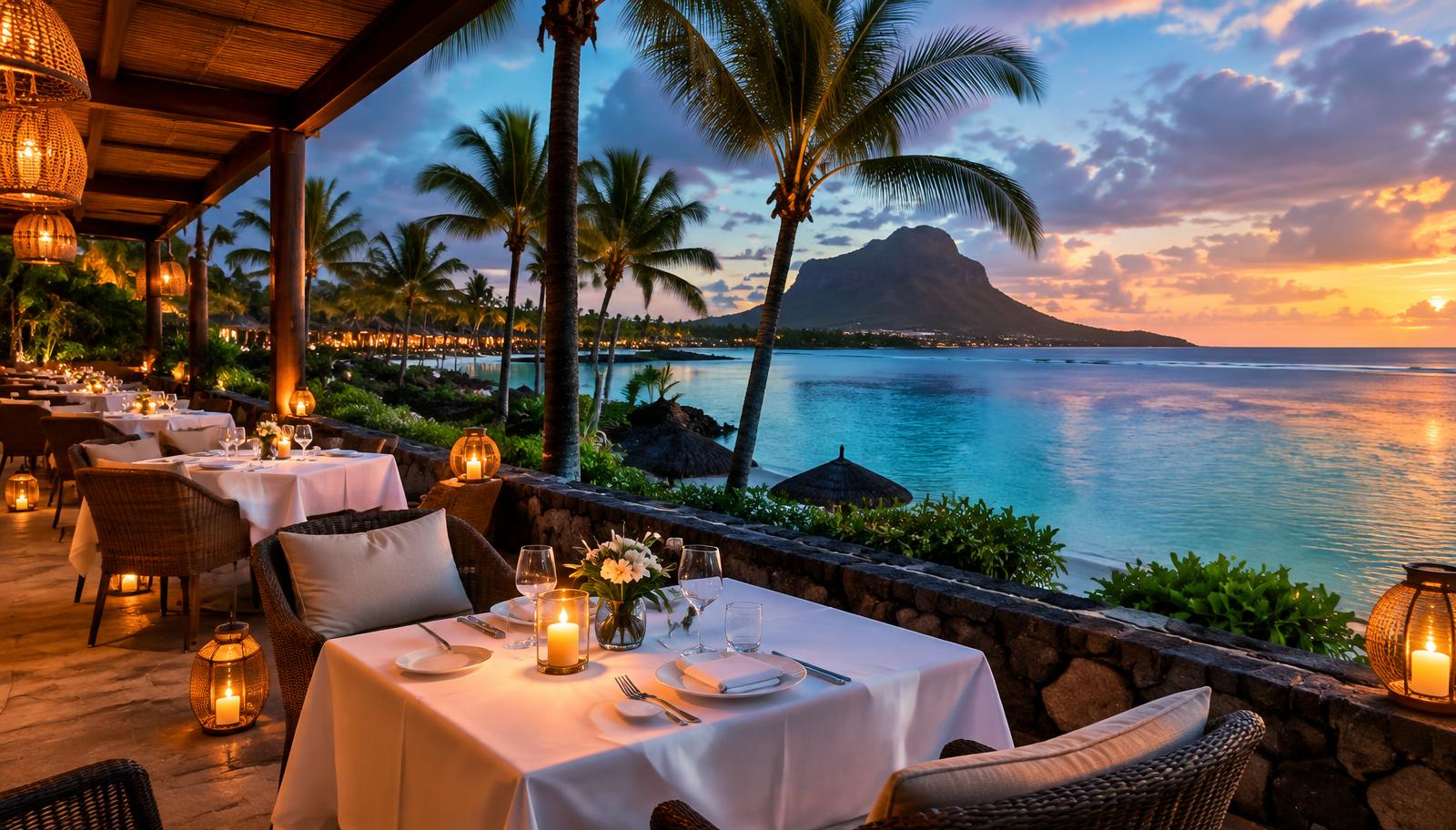Candlelit resort restaurant terrace over a turquoise lagoon in Mauritius at dusk