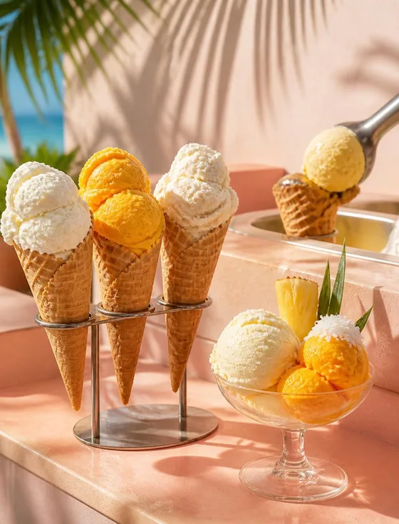 Waffle cones of mango and coconut gelato on a pastel counter with palm shadows