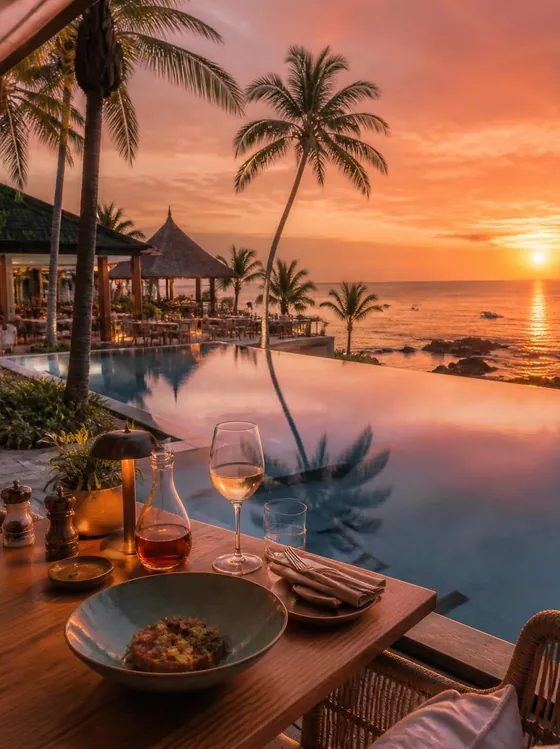 Photogenic restaurant terrace at sunset with palm trees in Mauritius