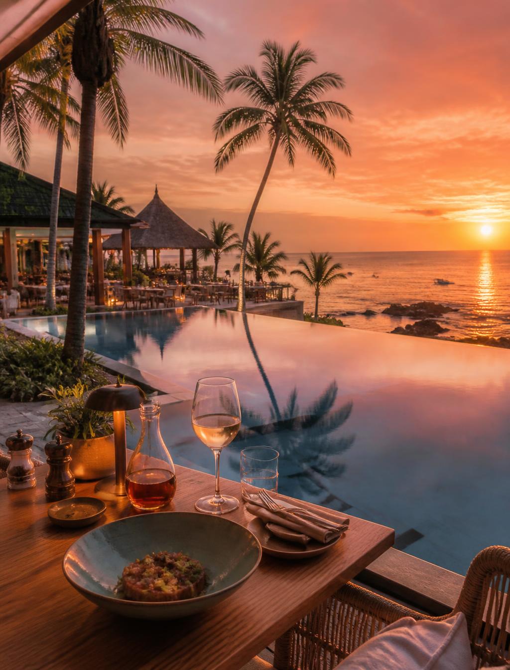 Photogenic restaurant terrace at sunset with palm trees in Mauritius