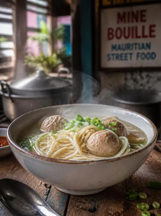 Bowl of Mauritian mine bouille noodle soup with boulettes and spring onion