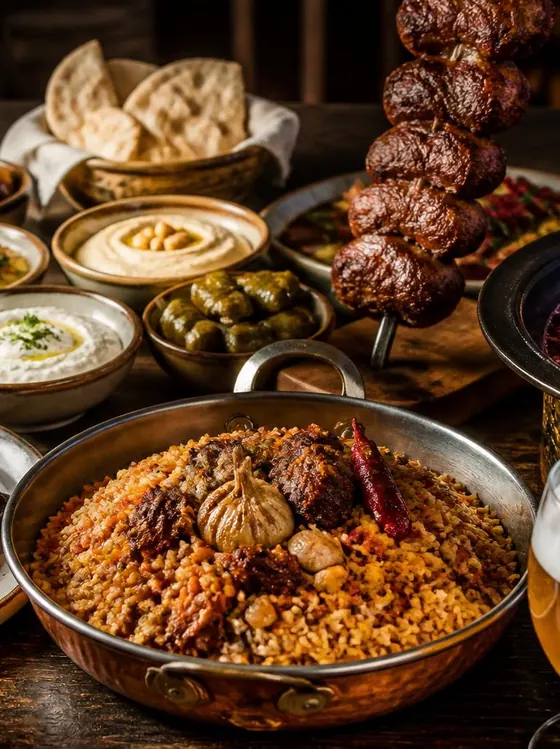 A table set with dishes from several different world cuisines, from plov and mezze to hot pot and grilled octopus