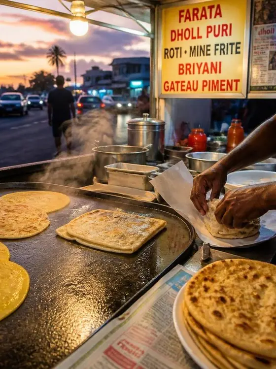 Street food stall at night in Mauritius with noodles and fried snacks