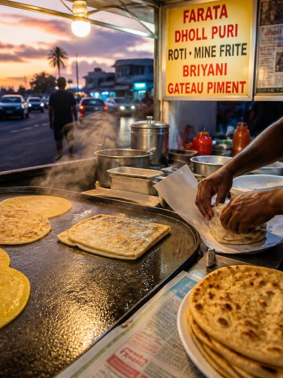 Street food stall at night in Mauritius with noodles and fried snacks