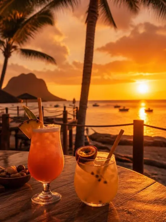 Sunset over the sea from a beachfront terrace in Mauritius