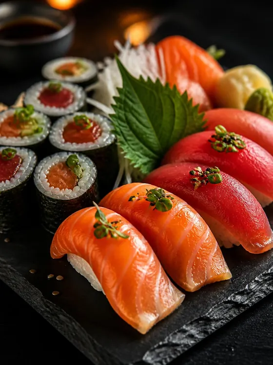 Sushi platter with salmon and tuna nigiri on a slate board