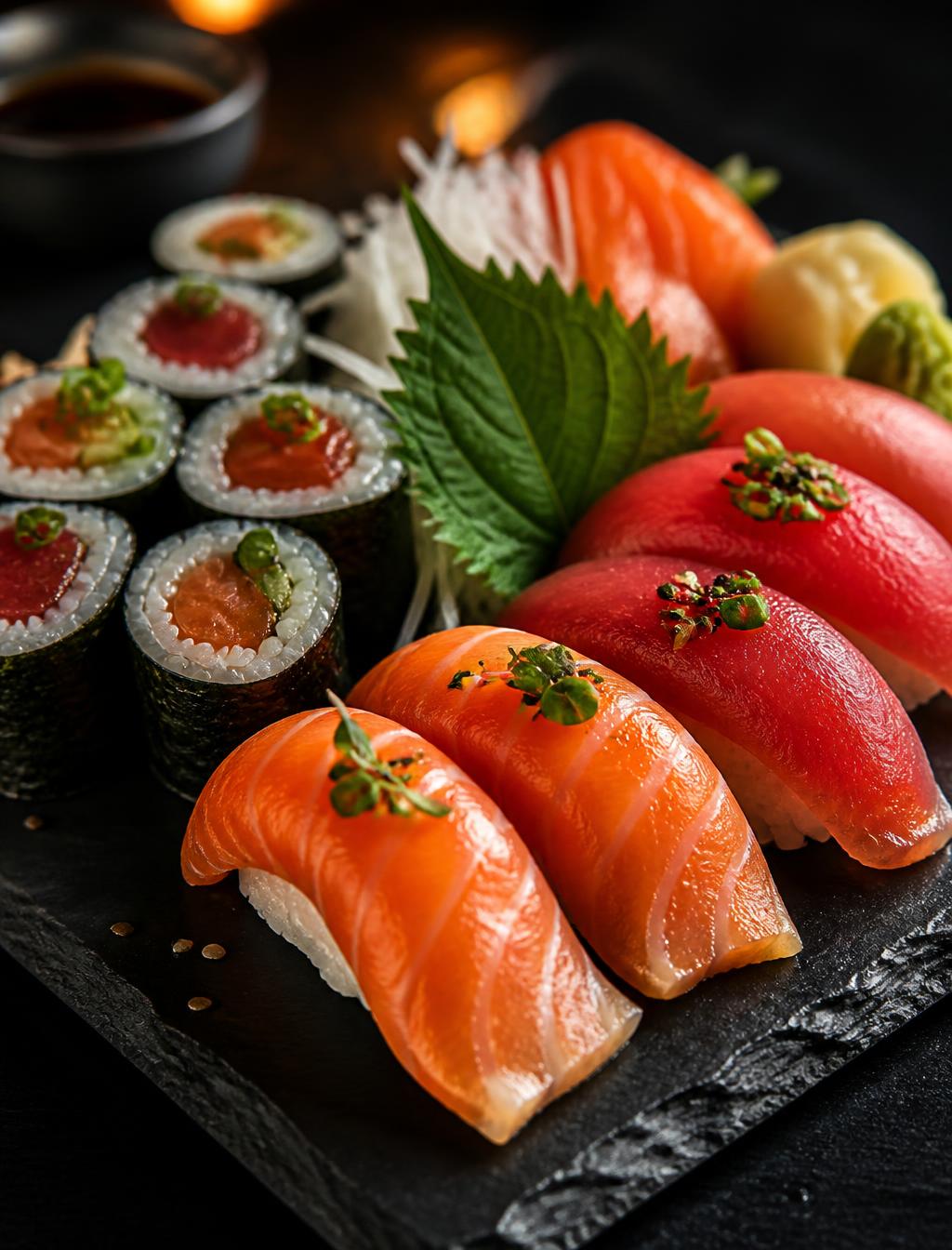 Sushi platter with salmon and tuna nigiri on a slate board